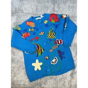Michael Simon 90s vintage knit sweater Blue Fish Ocean 3d button